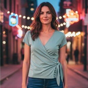 Tahari Women's Short Sleeve Wrap Top in light Blue